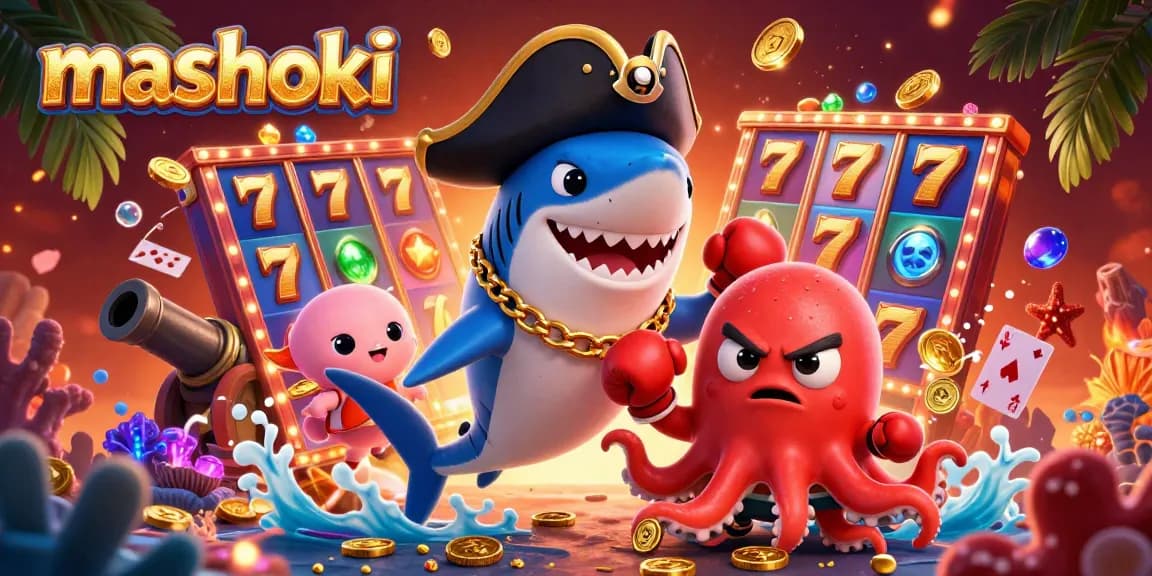 Mashoki showcases an exciting 3D digital scene with characters in a lively casino setting, filled with slot reels and treasures.