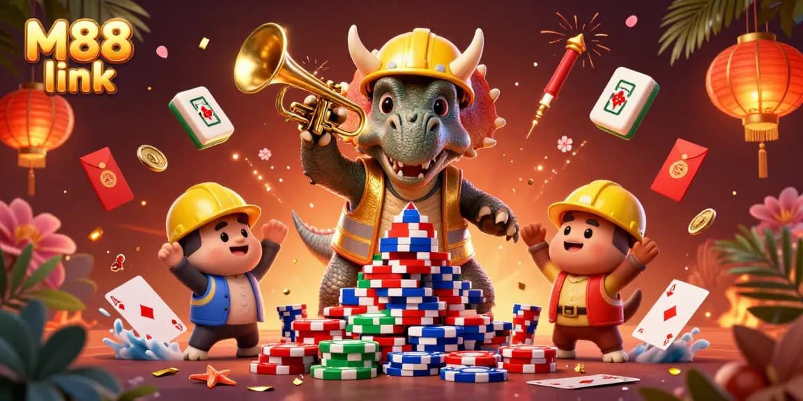 M88 link: An exciting illustration of a 3D triceratops building a poker chip pyramid amidst lively gambling elements.