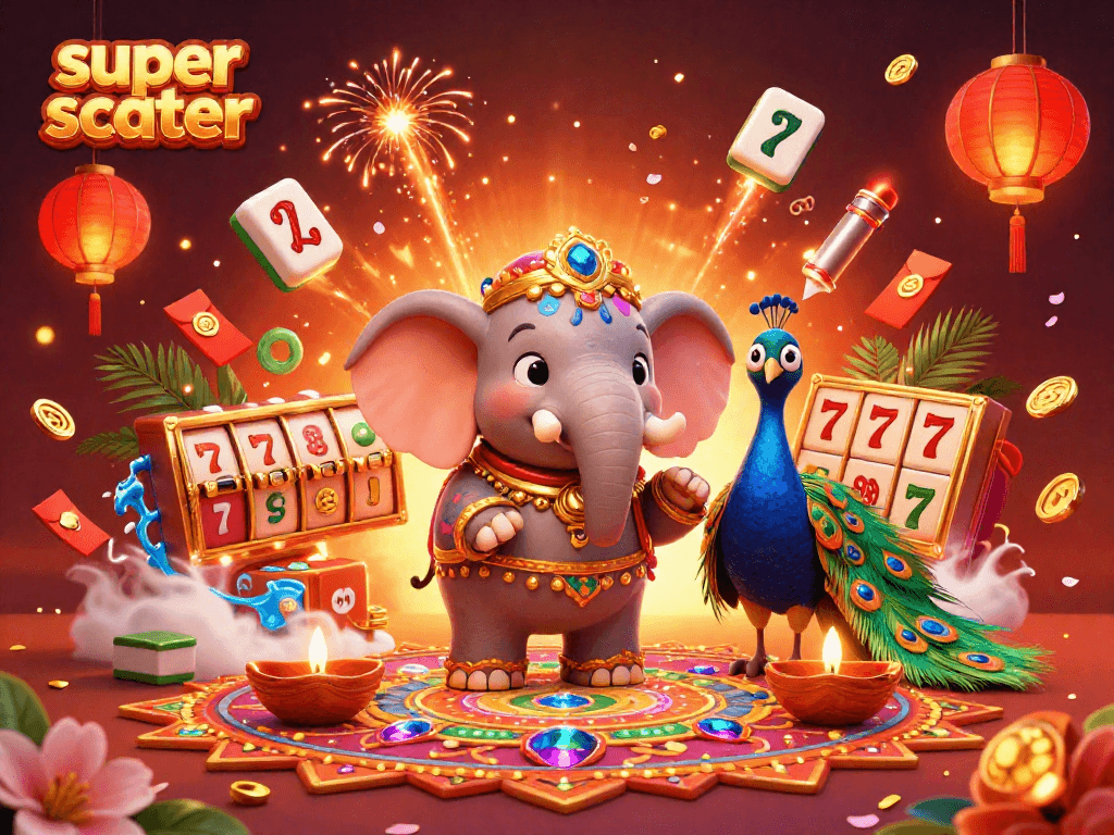 Experience the thrill of super scatter slots with vibrant 3D visuals including lively characters, game elements, and atmospheric effects.