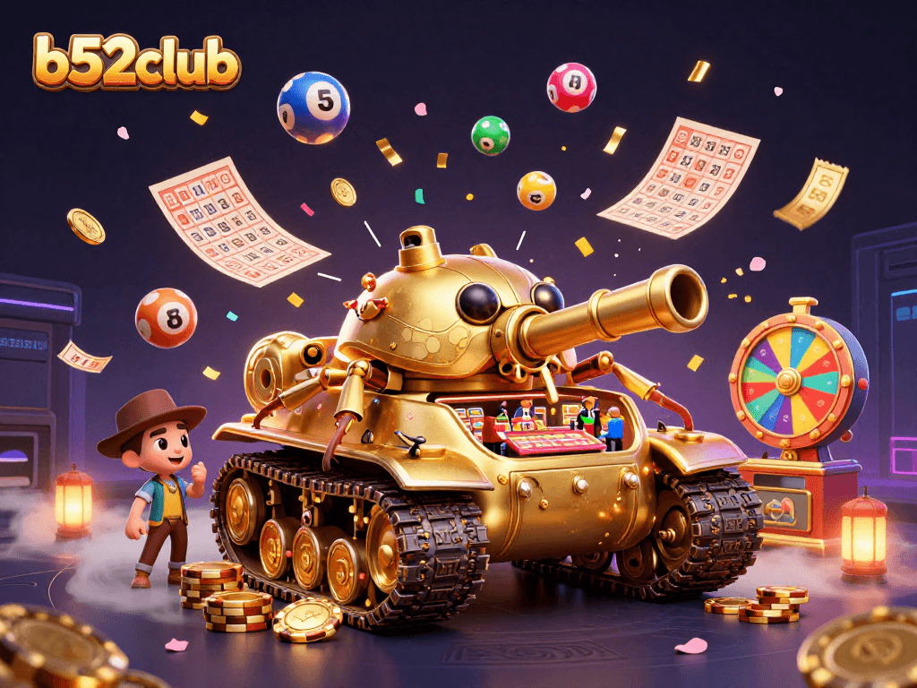 B52club casino illustration featuring a golden beetle tank, dynamic lottery balls, and a vibrant prize wheel.