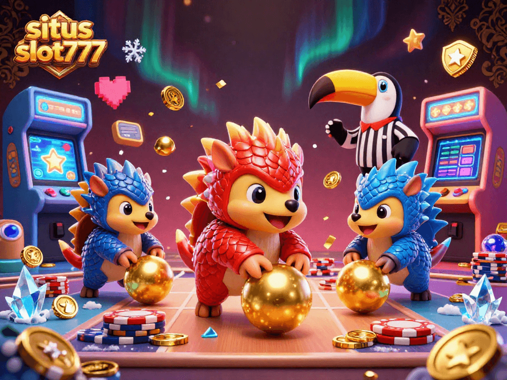 Experience thrilling gameplay at situs slot777 with 3D pangolins and gold coins in a vibrant casino scene.