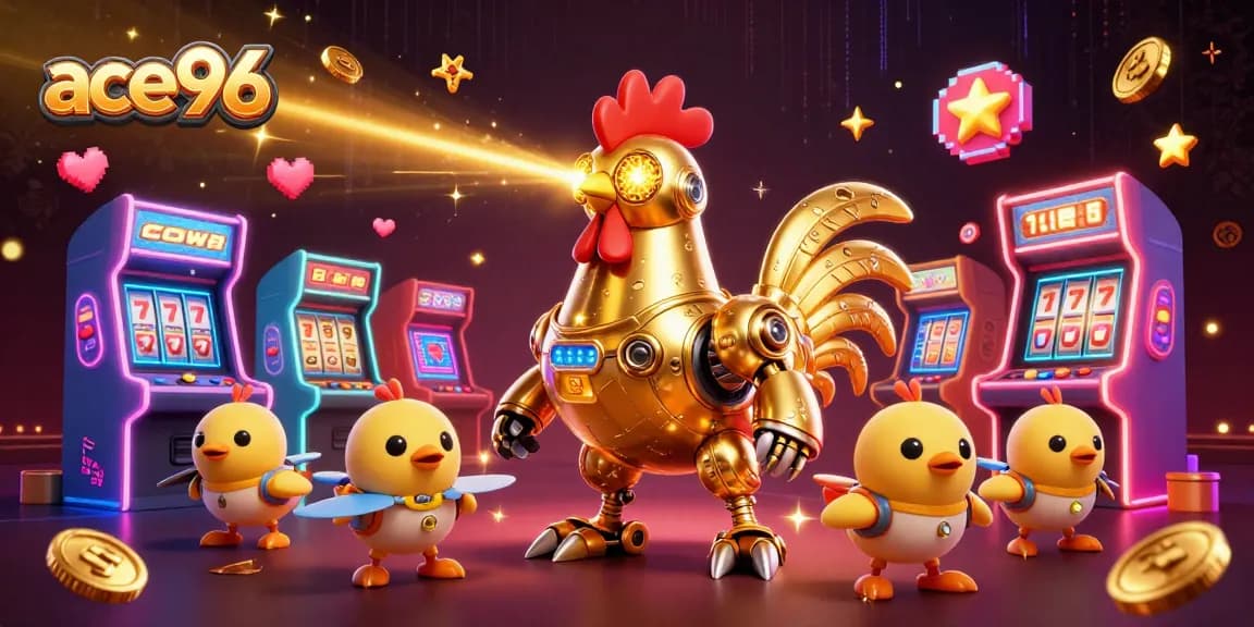 ace96 brings excitement to players with dynamic retro-futuristic slot gaming characters and vibrant arcade elements.