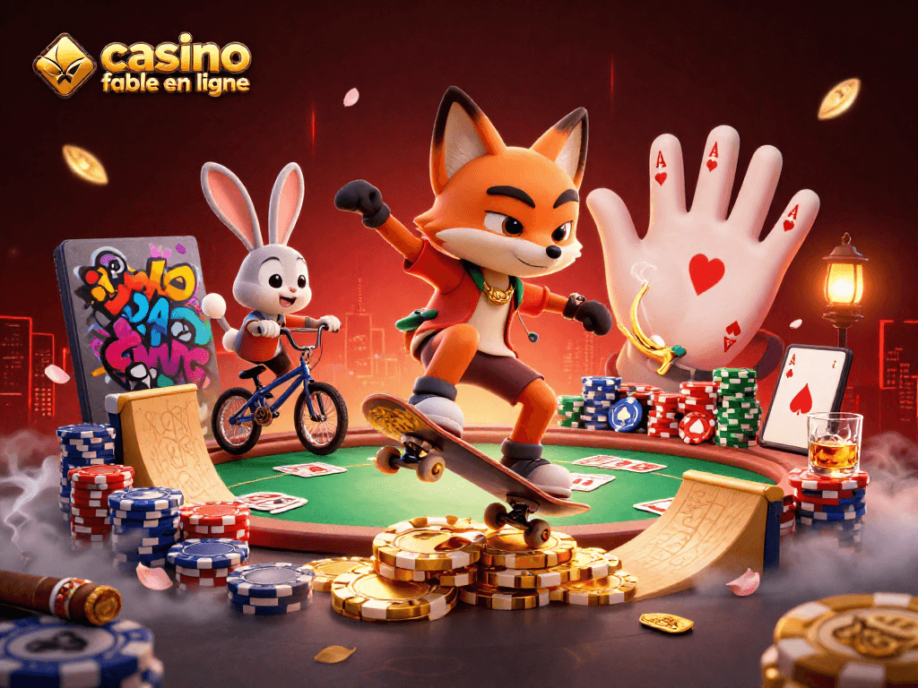 Une scène dynamique d'un casino fiable en ligne, avec un renard skateboard et un lapin BMX, entourés de jetons de poker et d'une table de jeu.