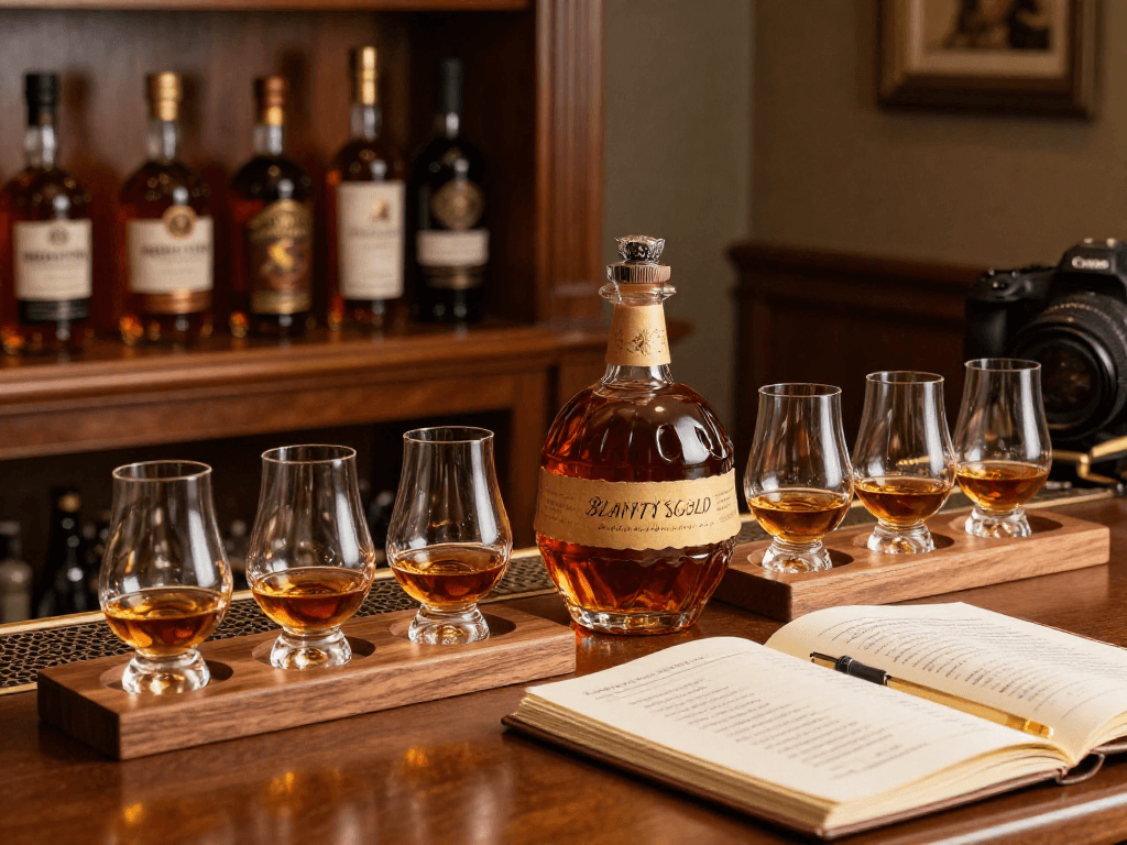 Blanton's Gold bourbon showcased in an elegant home bar setting, highlighting tasting glasses and notes.