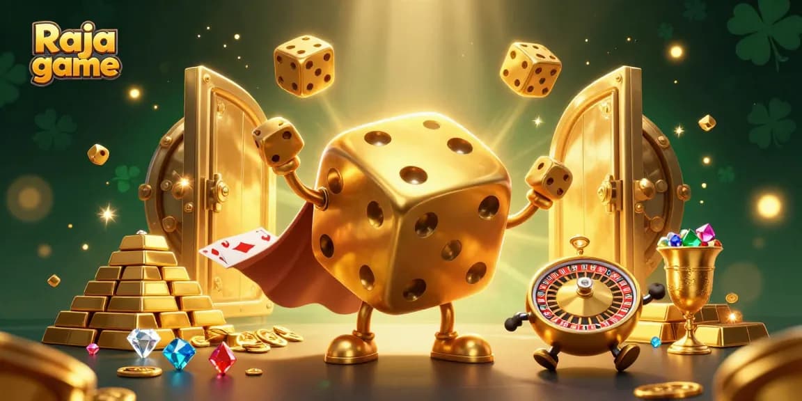 Engage in action with Raja game as a golden dice golem juggles sparkling jackpots, illustrating thrilling gameplay.