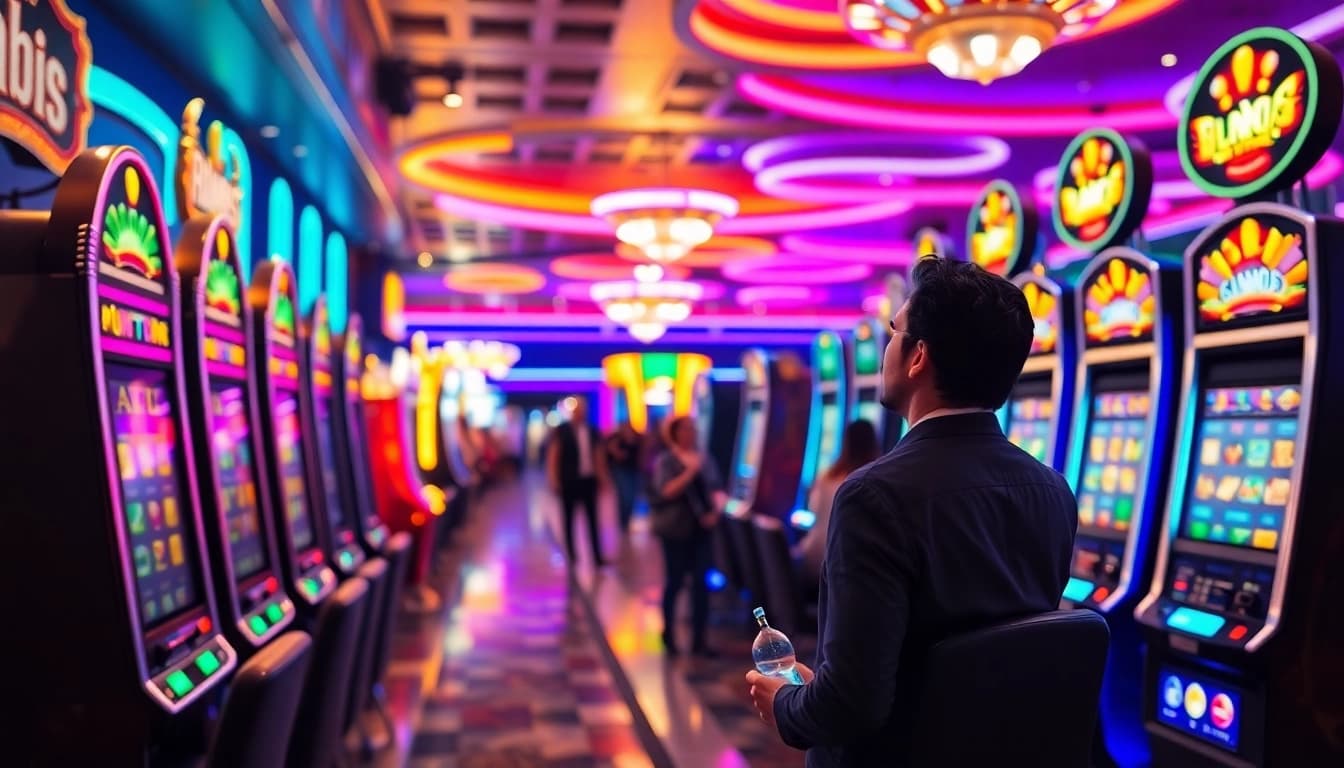 Engaging moment of slot gambling with vibrant machines sparking excitement in a lively casino environment.