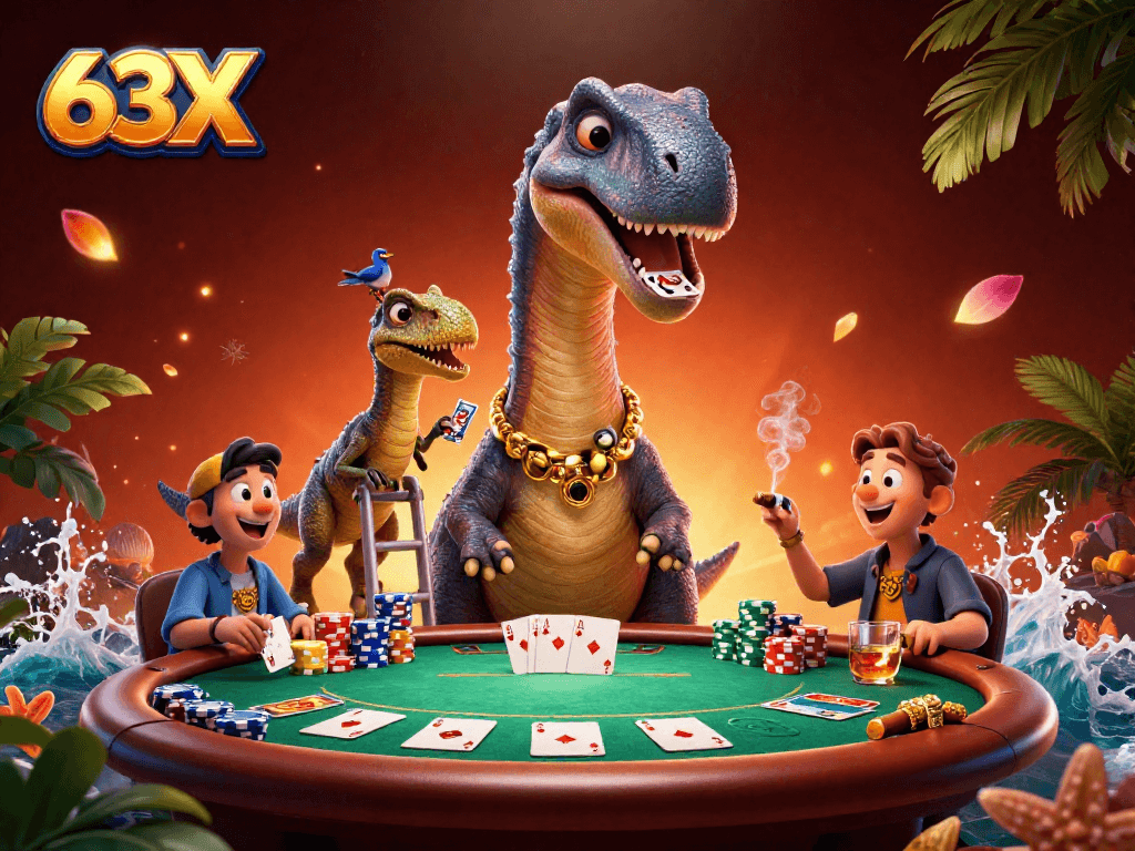 63X traz emoção com dinossauros e cartas de poker na ilustração de cassino vibrante.