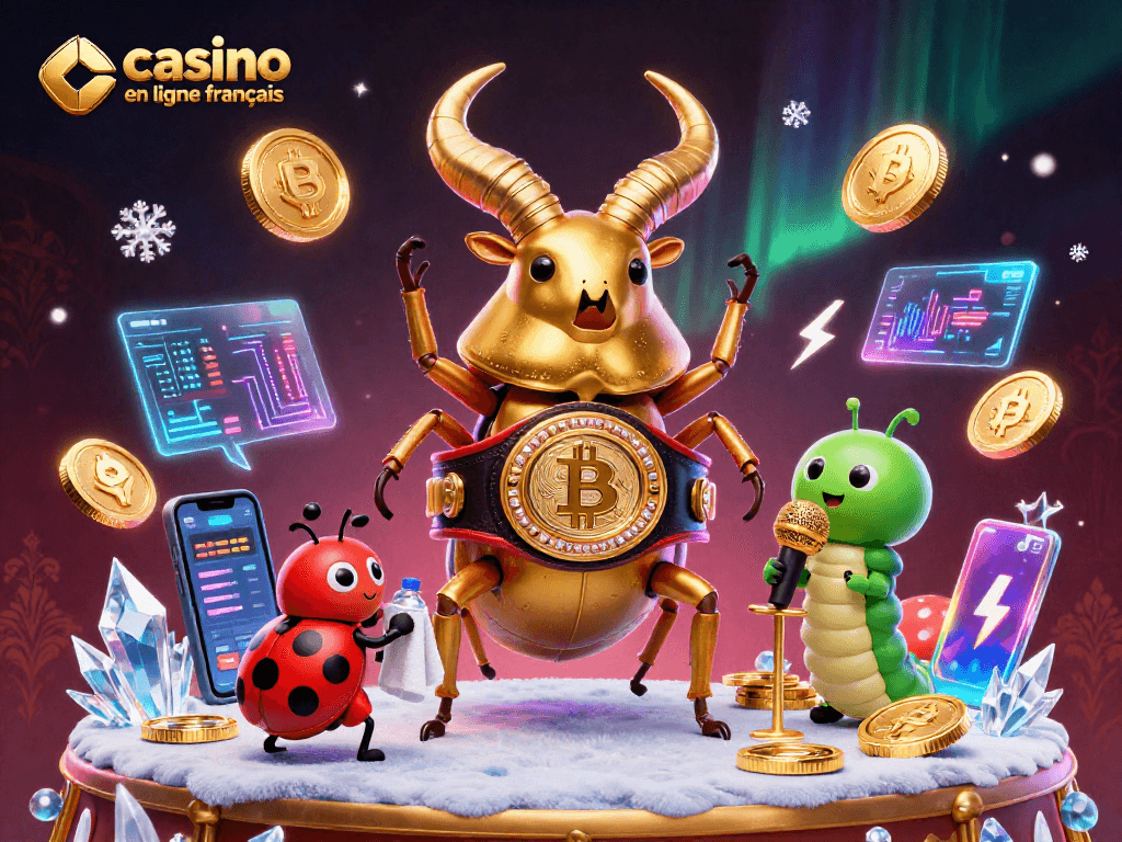 Les jeux captivants du casino en ligne français avec un scarabée géant, une coccinelle et un communicateur sur scène.