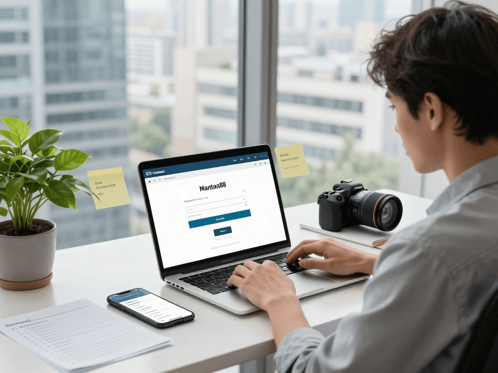 Effortlessly accessing mantra88 login on a stylish laptop in a bright workspace.