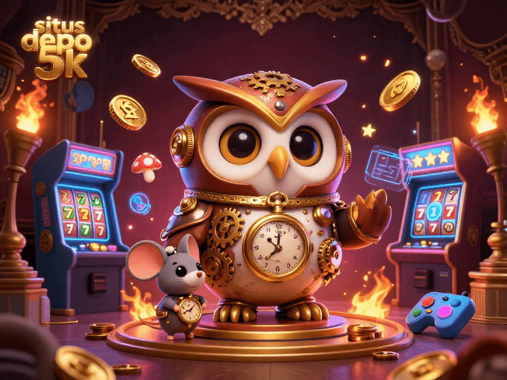 situs depo 5k showcases vibrant slot machines and casino elements with an owl and mouse amidst a lively gaming atmosphere.
