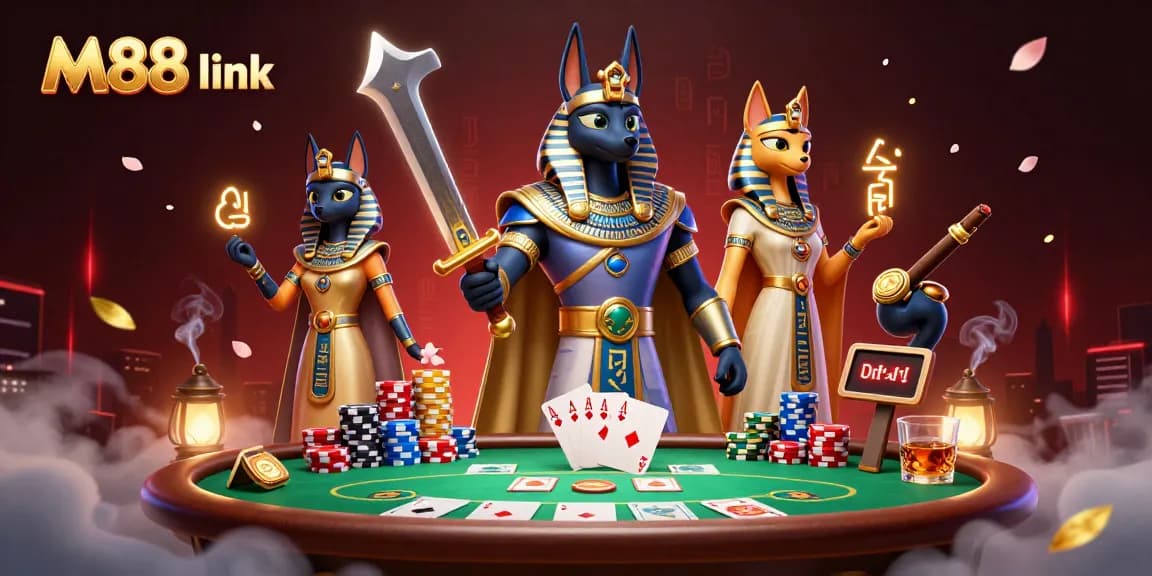 Engage with M88 link at the vibrant poker table featuring dynamic Egyptian warriors.