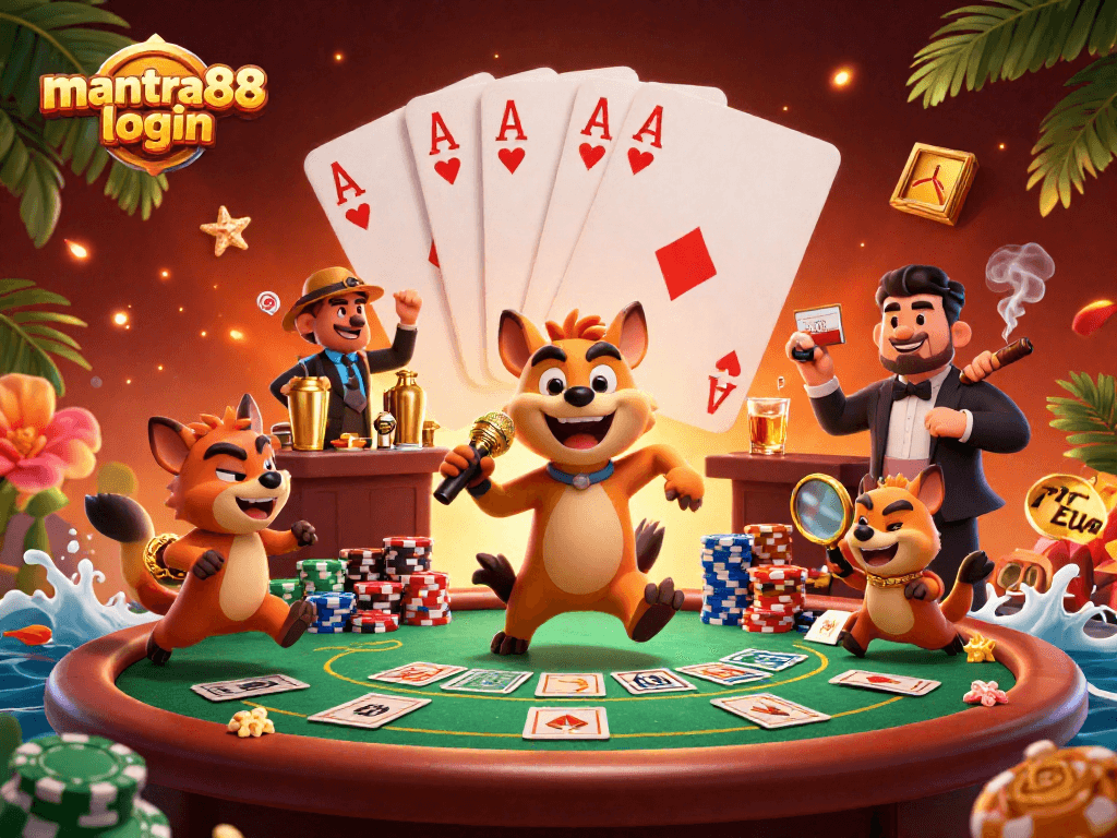 Engage with the mantra88 login experience at our lively casino club, featuring hyenas, poker games, and vibrant decor.