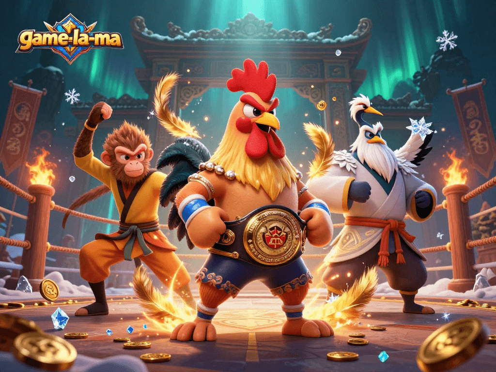 Engage in thrilling gameplay on game-la-ma with majestic 3D martial characters and vibrant casino elements.