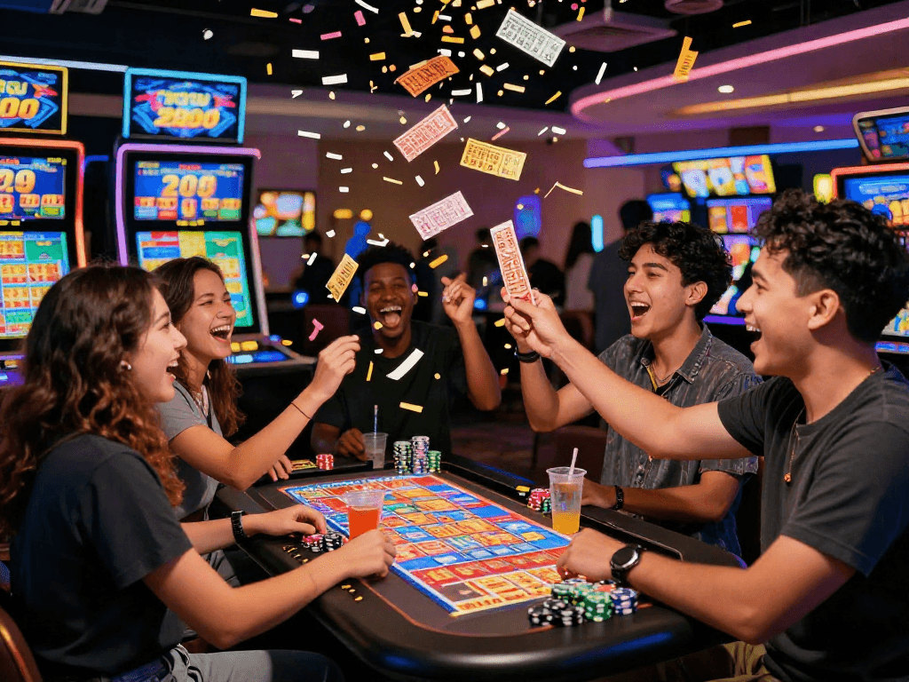 Friends celebrating a Toto togel win in a lively casino atmosphere with lottery tickets and vibrant decorations.