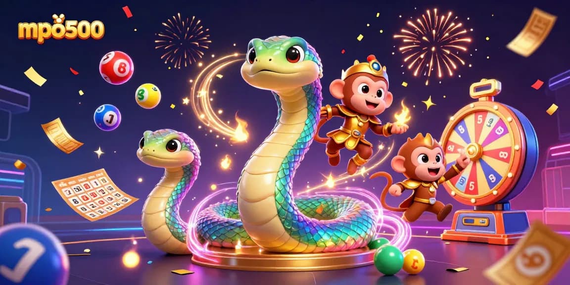 Experience excitement with mpo500 as colorful lottery elements and a magical scene come alive.