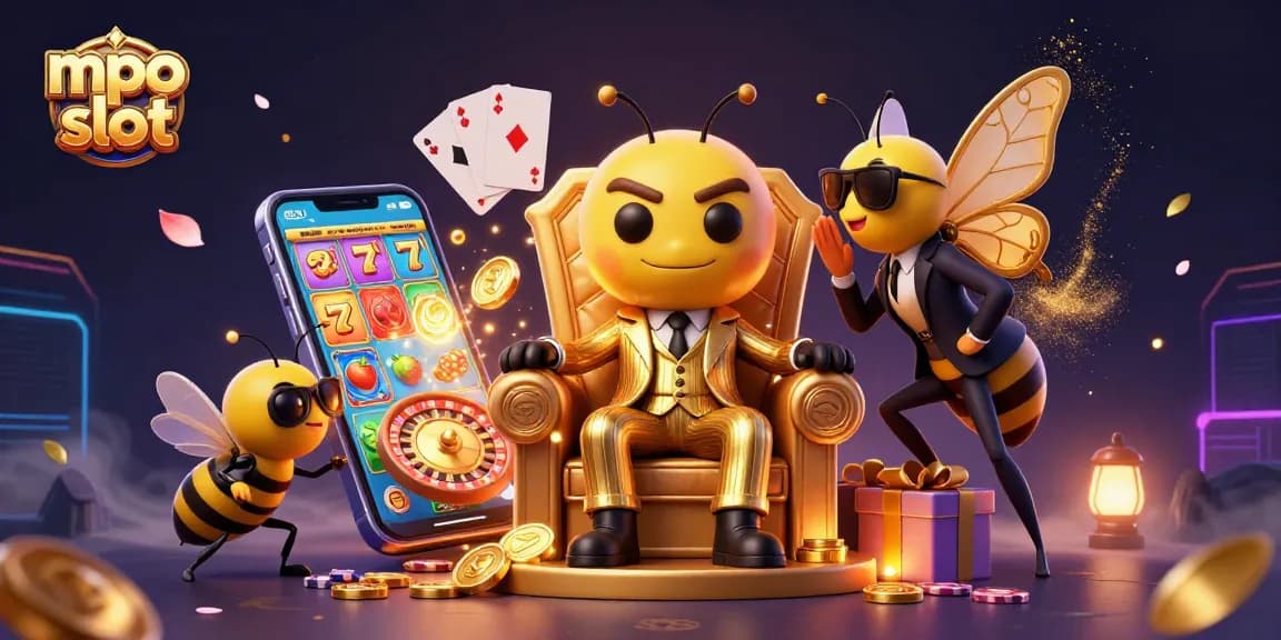 Engage with mpo slot as a 3D cartoon bumblebee mob boss presides over vibrant slot game elements.