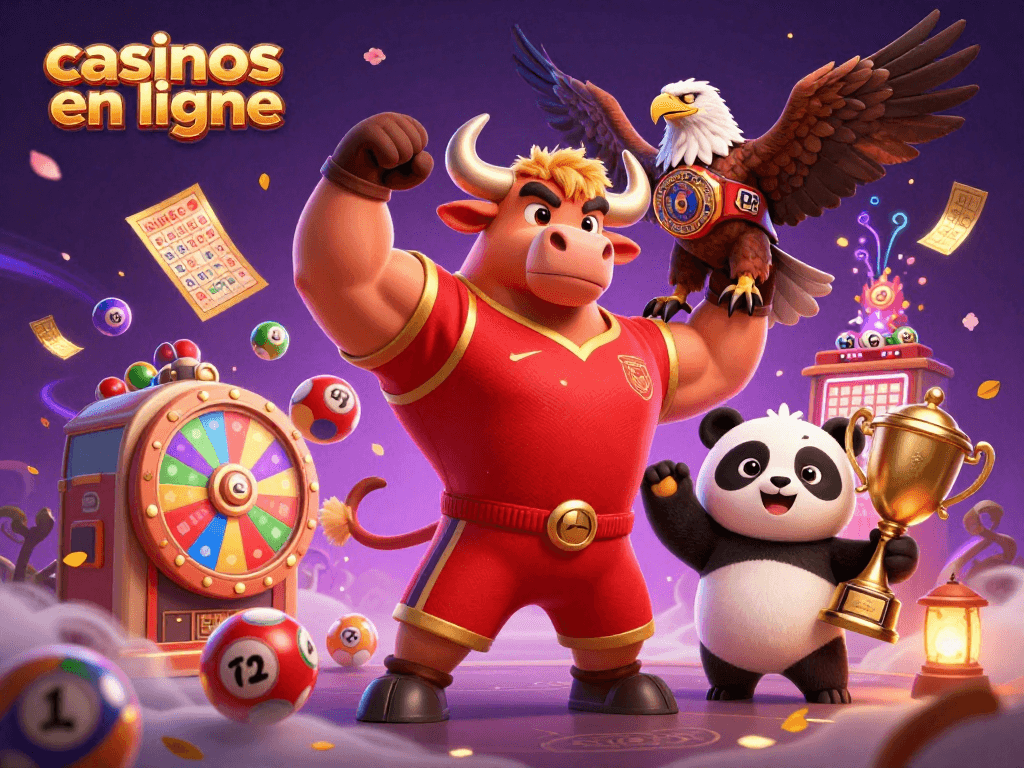 Jouez aux casinos en ligne avec ce trio dynamique comprenant un taureau, un aigle, et un panda.