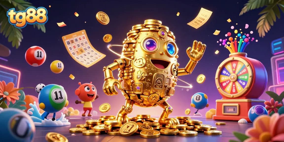 Engage with tg88's dynamic gaming scene featuring a golden golem amidst bouncing lottery balls and golden elements.