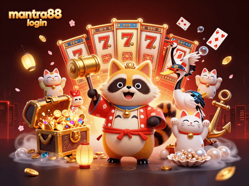 Engage with excitement at mantra88 login featuring a vibrant scene with dynamic slot reels and cheerful characters.