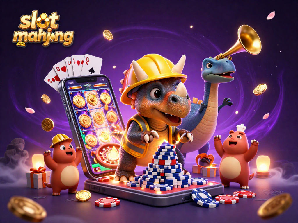 Engage with slot mahjong gacor as a triceratops builds poker chips, surrounded by festive gambling elements.