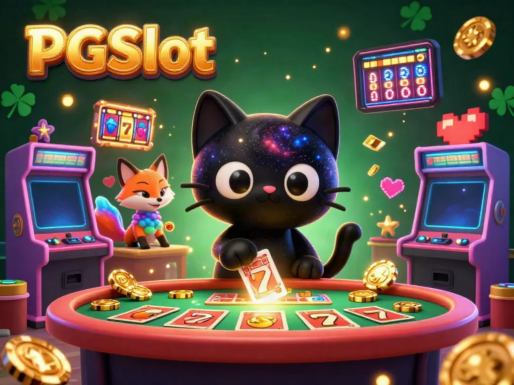 Engage with the vibrant PGSlot universe, featuring a cosmic game scene with a black hole cat and energetic elements.