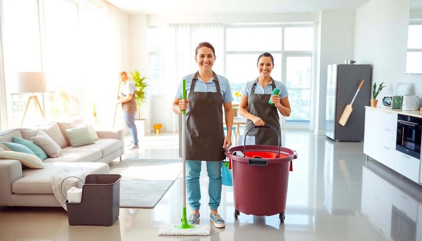 Bond cleaning brisbane team efficiently cleaning an apartment with bright surfaces and organized tools.