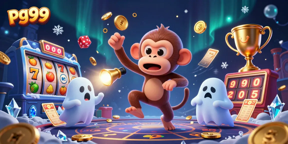 Engage with pg99's thrilling 3D casino experience showcasing a mischievous ghost monkey juggling treasures.