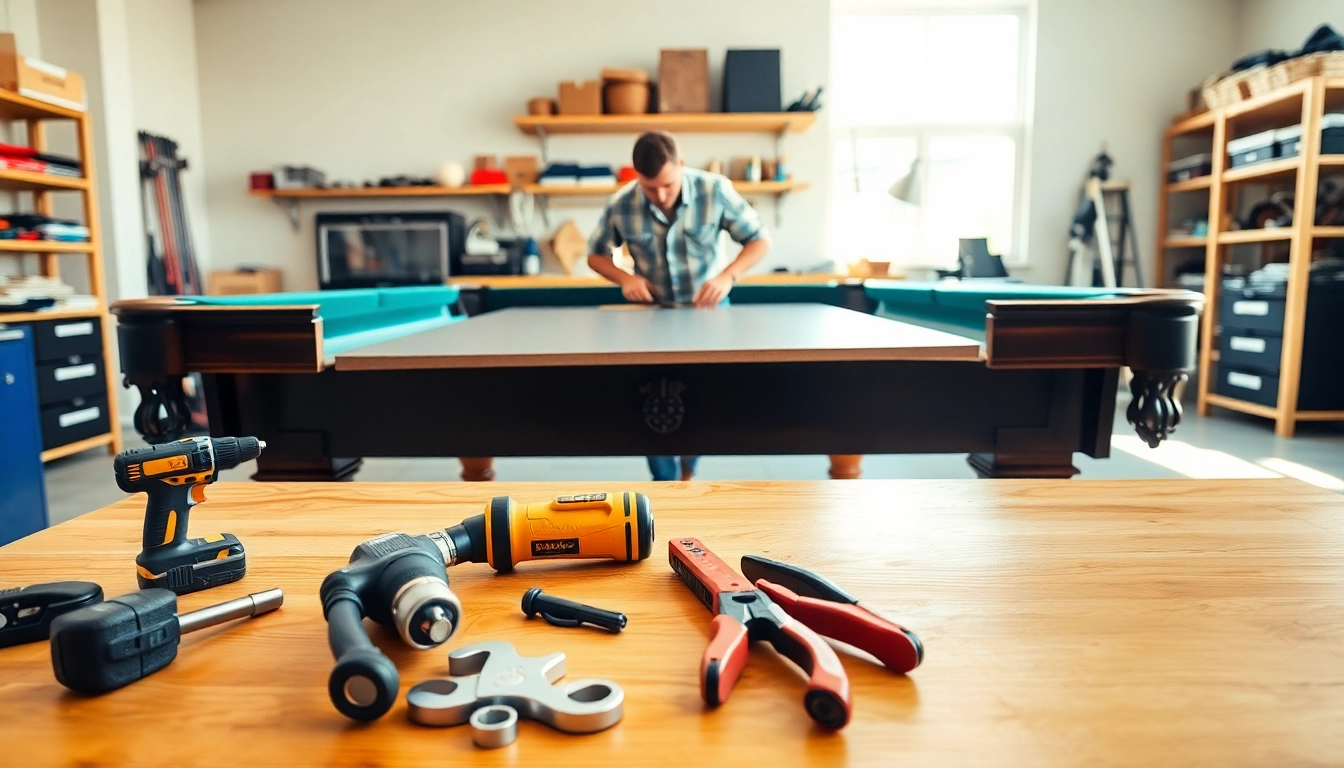 Expert performing Pool Table Disassembly with precise tools in a bright workshop.