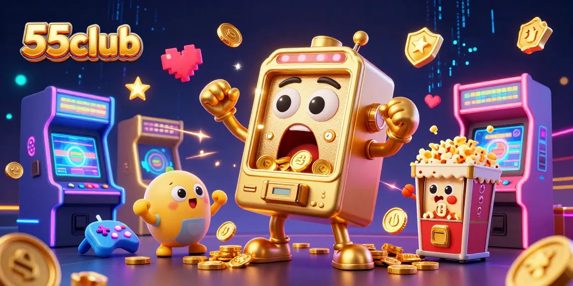 Feel the excitement of 55club as cartoon slot machines celebrate hitting a jackpot in a vibrant casino scene.