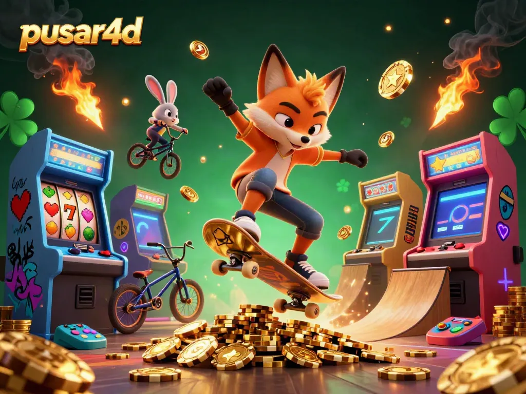 Experience thrilling spins with pusar4d while vibrant characters celebrate amid glowing arcade elements.