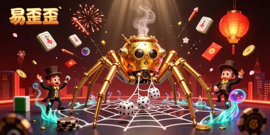 Engage in 易歪歪 as a steampunk spider ensnares dice amidst glowing casino elements
