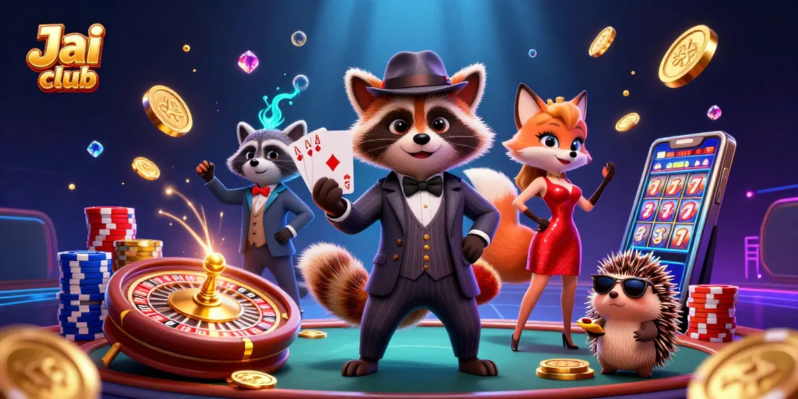 Join the fun at Jai club with a suave raccoon, a fox lady, and thrilling casino elements.