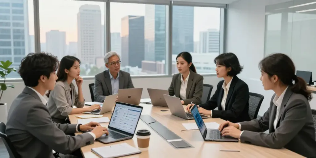 Professionals discussing AI meeting transcription pricing in a modern office setting.