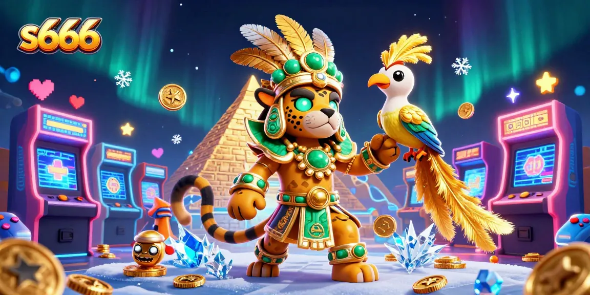 S666 offers exciting gameplay with colorful casino elements, featuring the Mayan jaguar priest and quetzal bird.