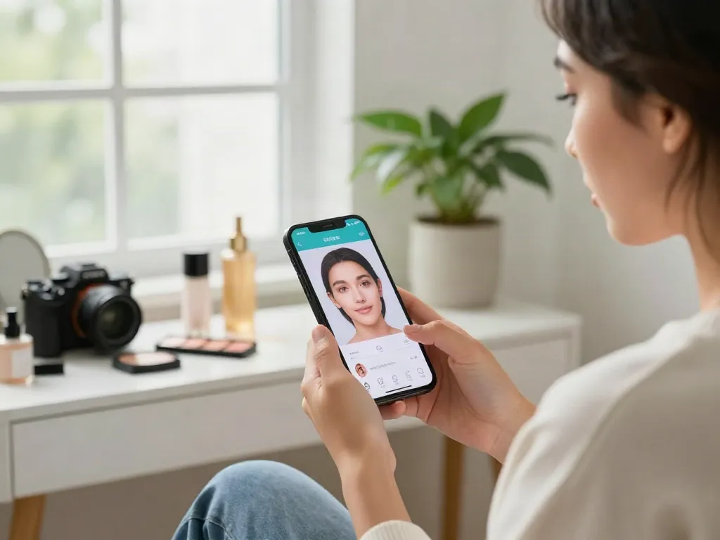 Woman evaluating her beauty analysis using smartphone apps for Alternatives to QOVES in a stylish home.