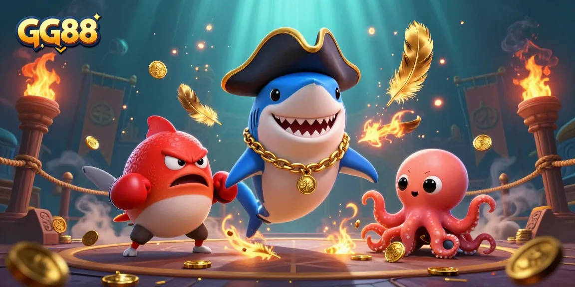 Experience thrilling gameplay at GG88 with a dynamic illustration of a pirate shark and friends amidst exciting gaming elements.