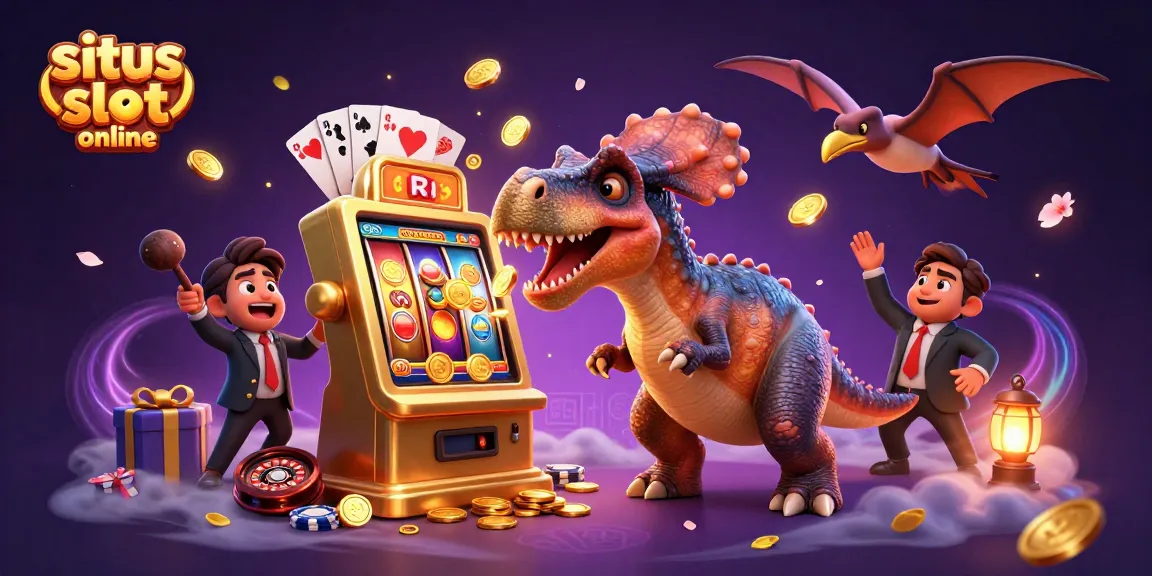 Visualisasikan situs slot online dengan dinosaur kartun menabrak mesin slot, mengeluarkan koin jackpot.