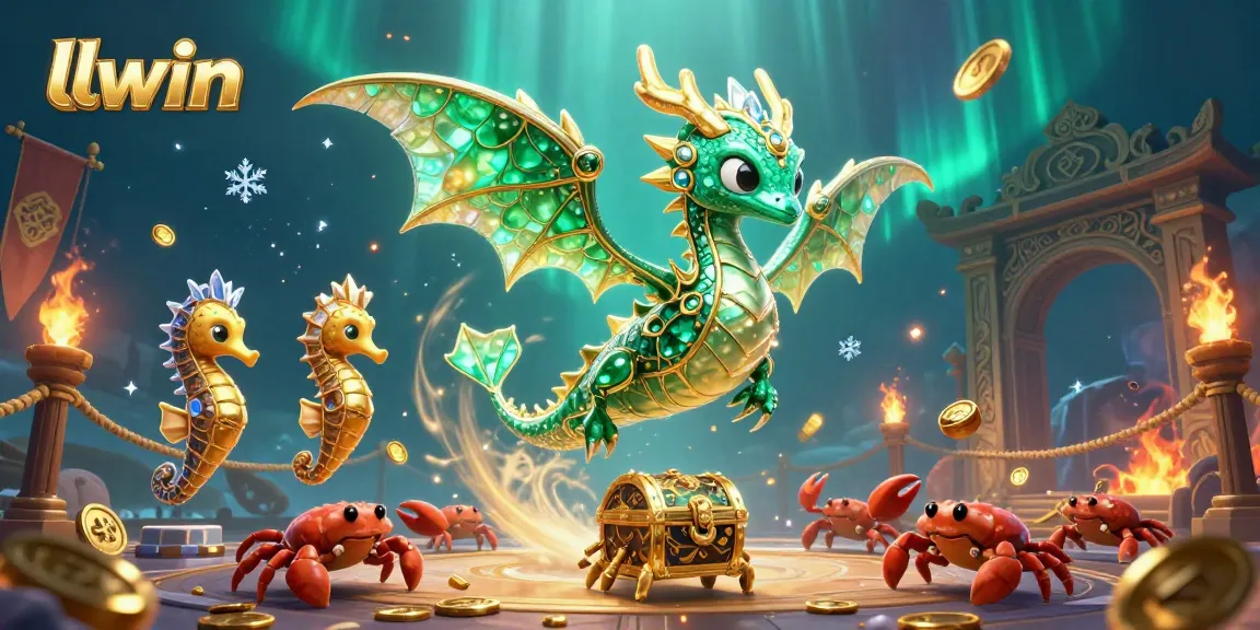 Engage in thrilling gambling experiences at llwin with a vibrant 3D illustration of a sea dragon guarding treasures.