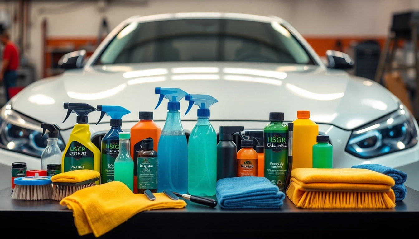 Showcase car detailing products Canada with organized cleaning supplies and a pristine vehicle.