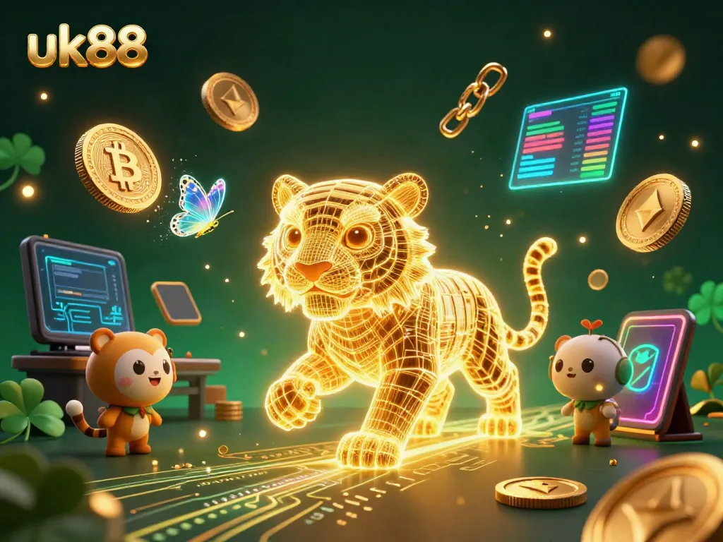 Engage in thrilling play at uk88 with neon tigers and vibrant crypto elements in a digital casino scene.