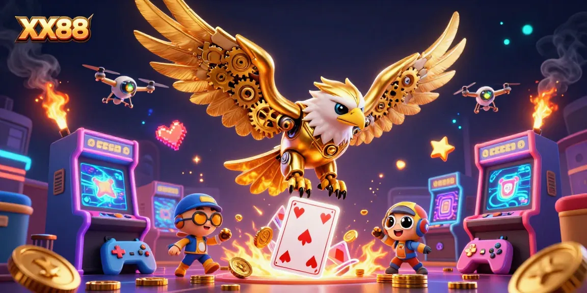 Engage with the excitement of XX88, featuring a cybernetic eagle in a vibrant casino setting with game elements.