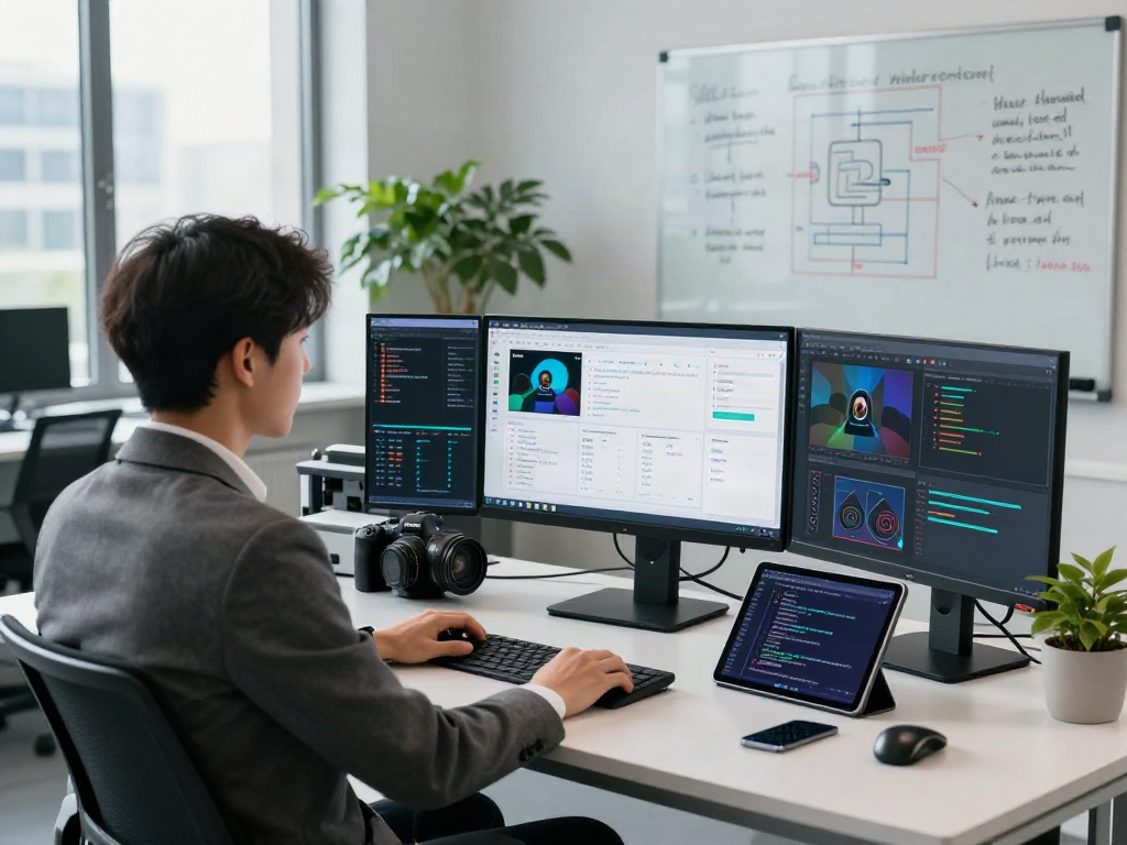 AI-Generated Image Detection workflow in a modern tech lab with data analysis screens and vibrant office lighting.