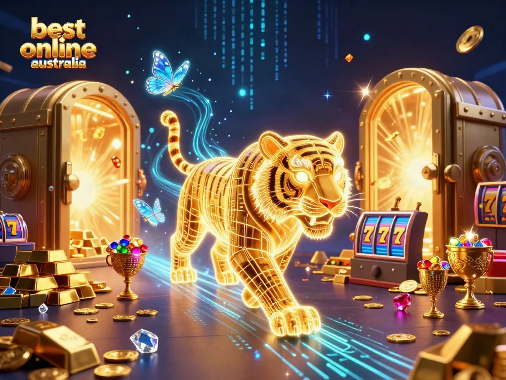 Experience the thrill at the best online casino Australia with a digital casino scene featuring a golden tiger and riches.