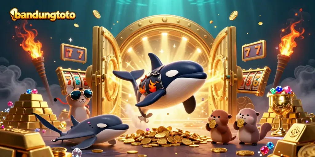 Experience the thrill of winning with bandungtoto as playful sea creatures celebrate amid golden treasures.