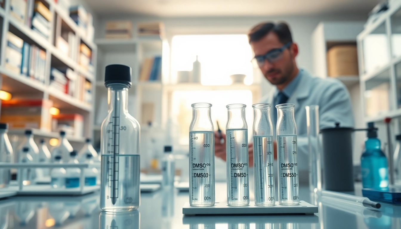 Demonstrating dmso organic in a laboratory setting with glass vials and measuring tools.