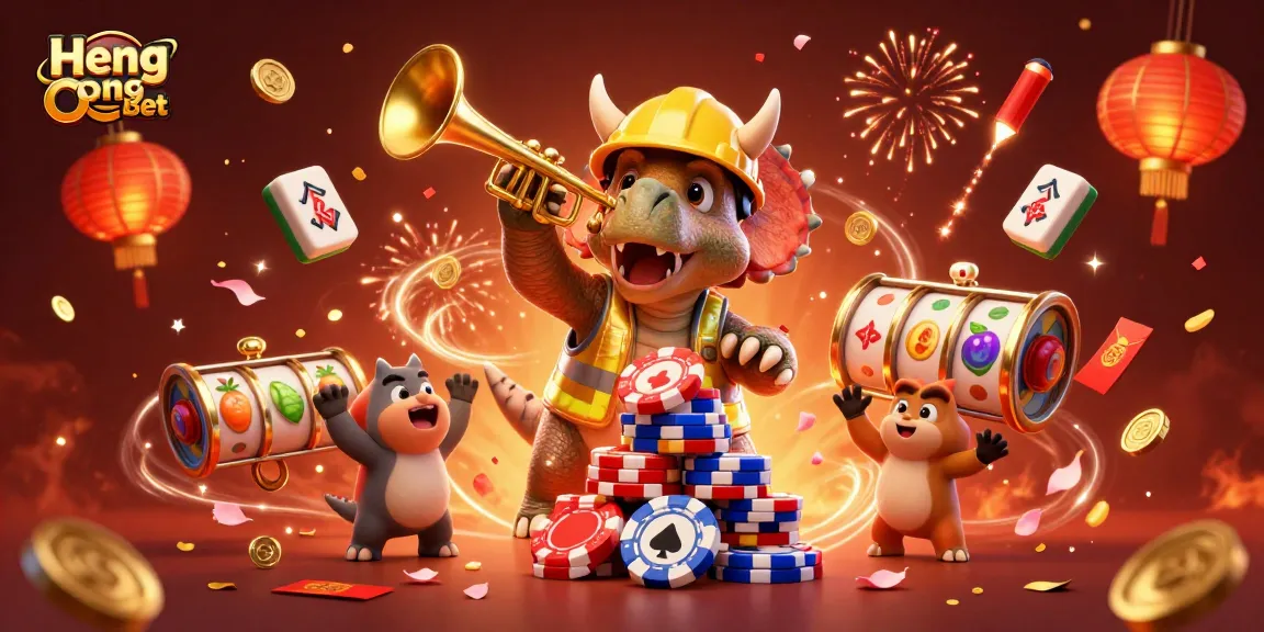 Join the celebration at Heng Ong Bet with poker chips, slot reels, and festive characters