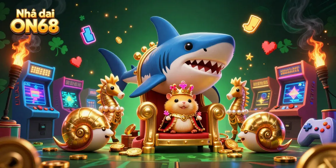 Experience the exciting world at Nhà cái ON68 with a dynamic 3D scene featuring a golden hamster king and arcade game elements.
