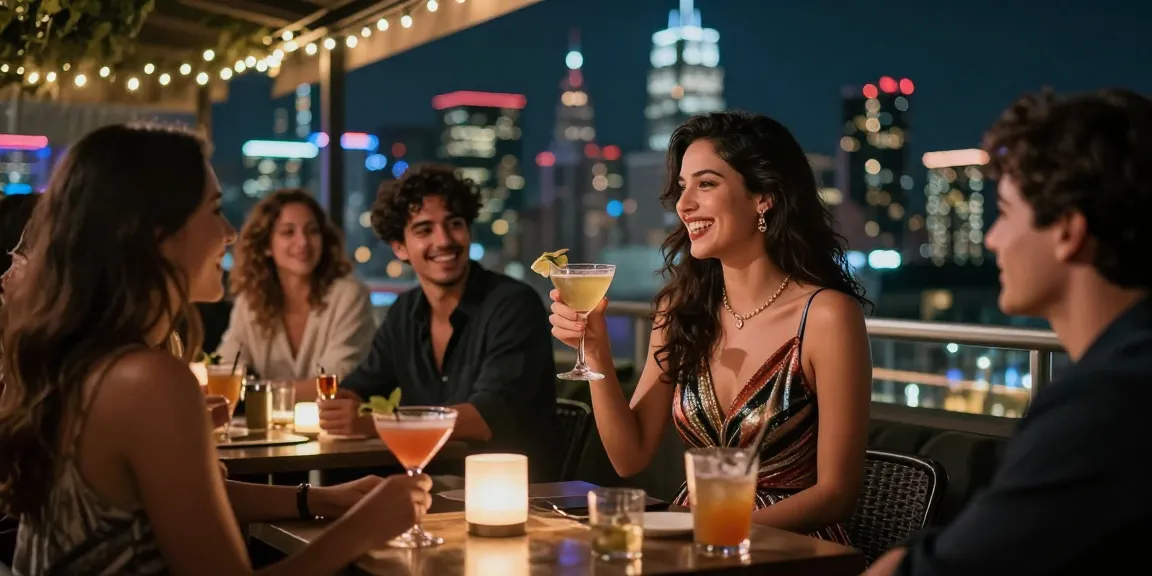 Gái gọi vui vẻ cùng bạn bè tại quán bar rooftop trong đêm thành phố