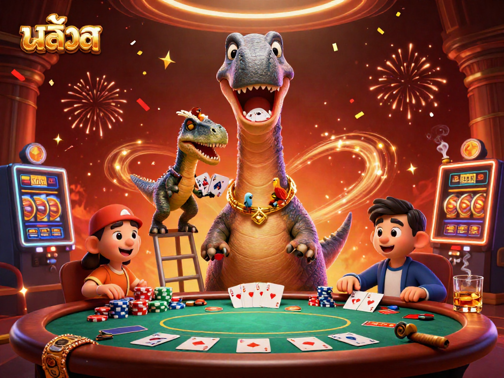 Engage with สล็อต as a brontosaurus and raptor play poker in a vibrant casino scene.