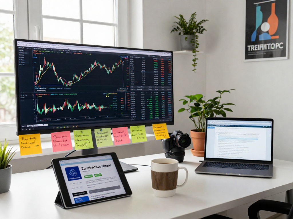 Trader using TradingView on a laptop, analyzing financial charts in a bright home office.